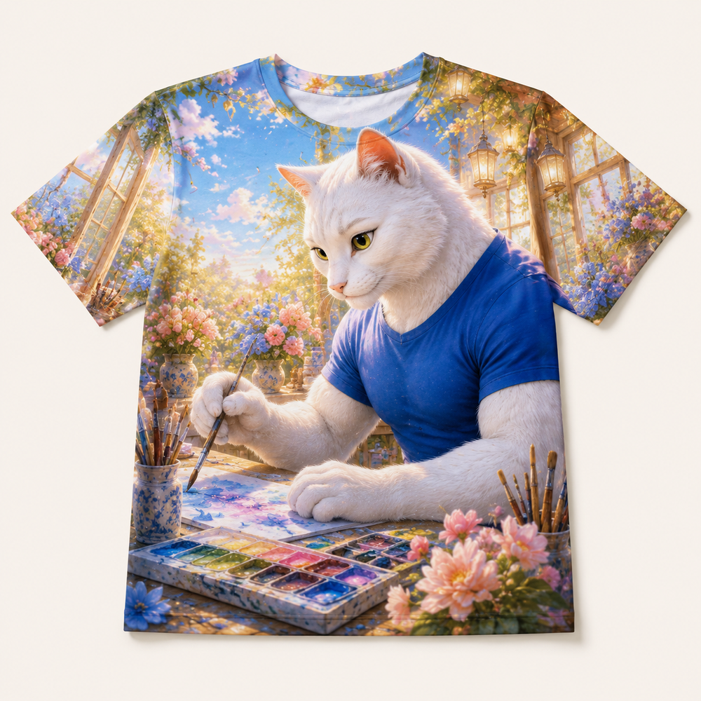Watercolor Garden Morning all-over print T-shirt front view with Dad Cat — The Fluffy Fam