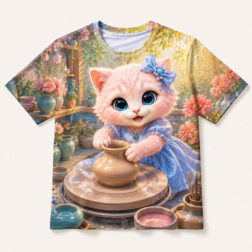 Clay Vase Wheel all-over print T-shirt front view with Pink Kitten — The Fluffy Fam