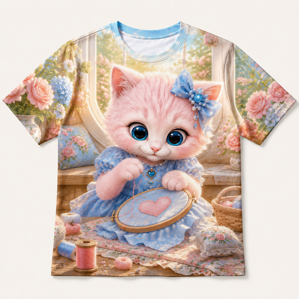 Heart Patch Embroidery all-over print T-shirt front view with Pink Kitten — The Fluffy Fam