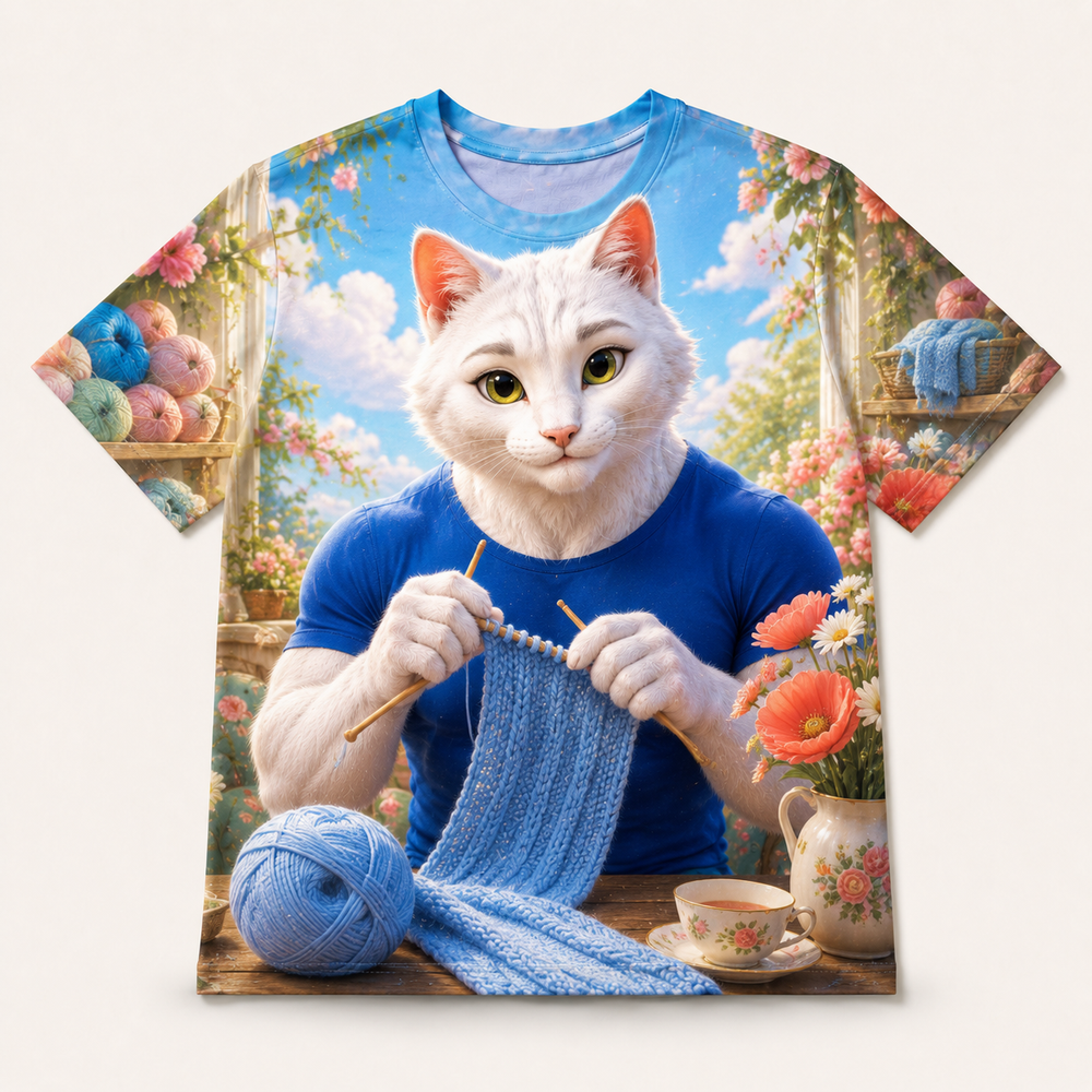 Knitted Blue Scarf all-over print T-shirt front view with Dad Cat — The Fluffy Fam