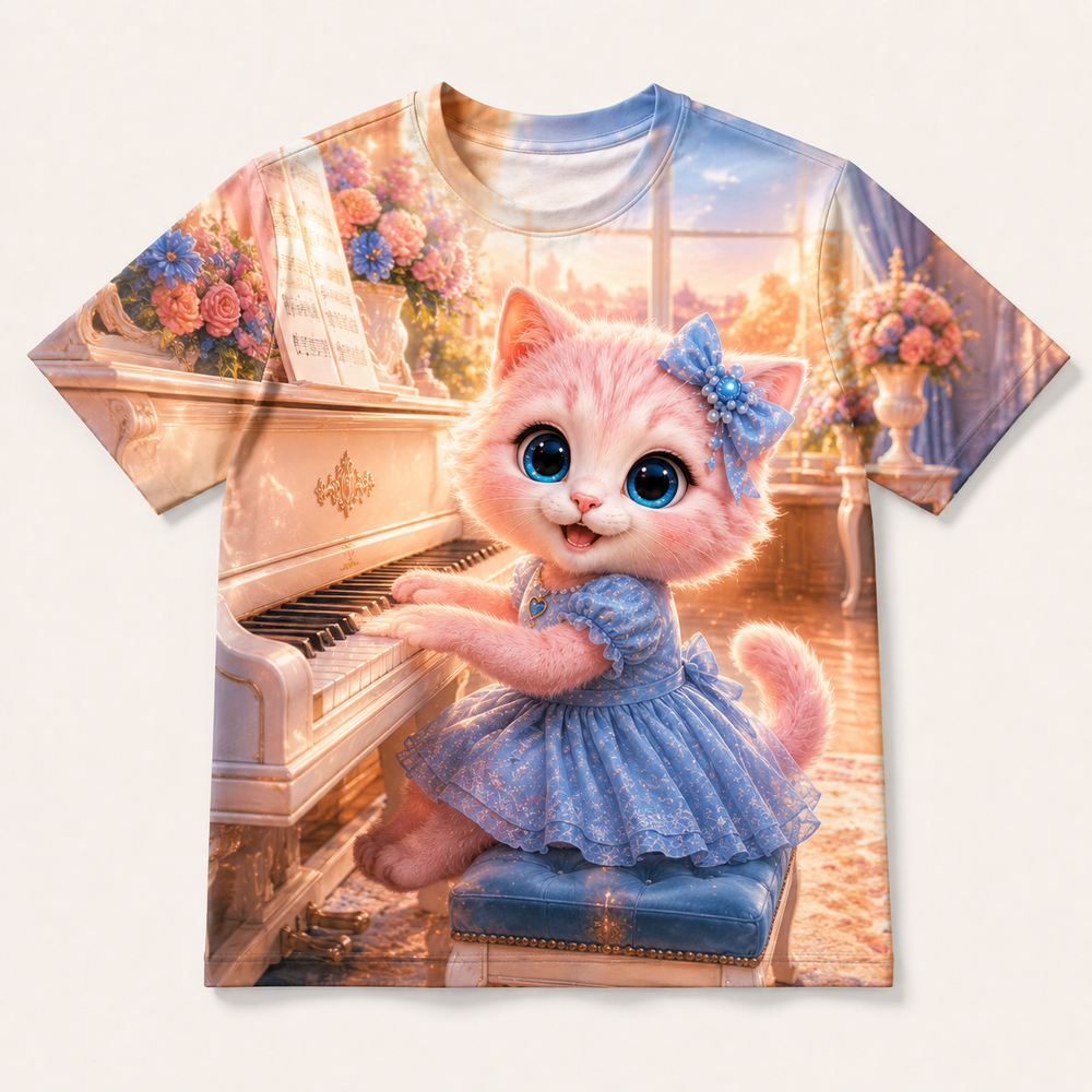 Sunny Piano Duet all-over print T-shirt front view with Pink Kitten — The Fluffy Fam