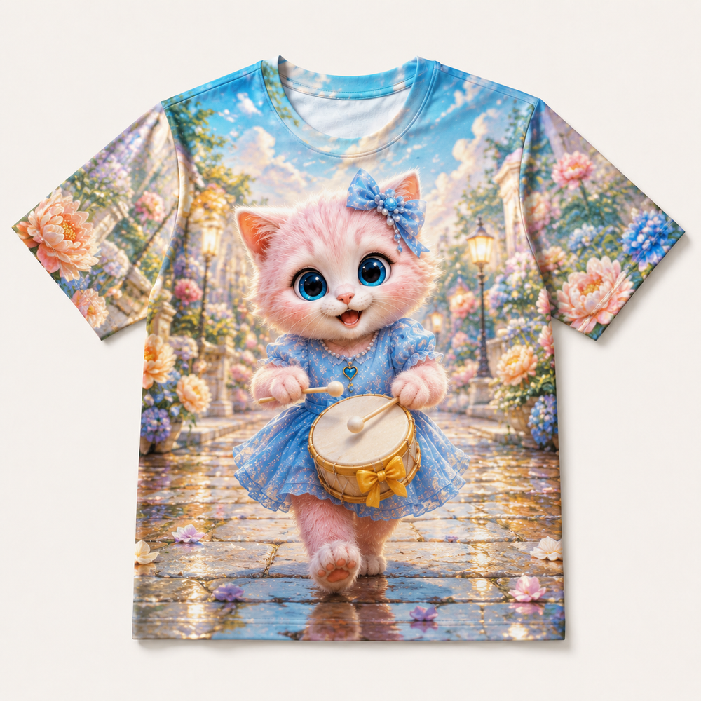 Hand-Drum Parade all-over print T-shirt front view with Pink Kitten — The Fluffy Fam
