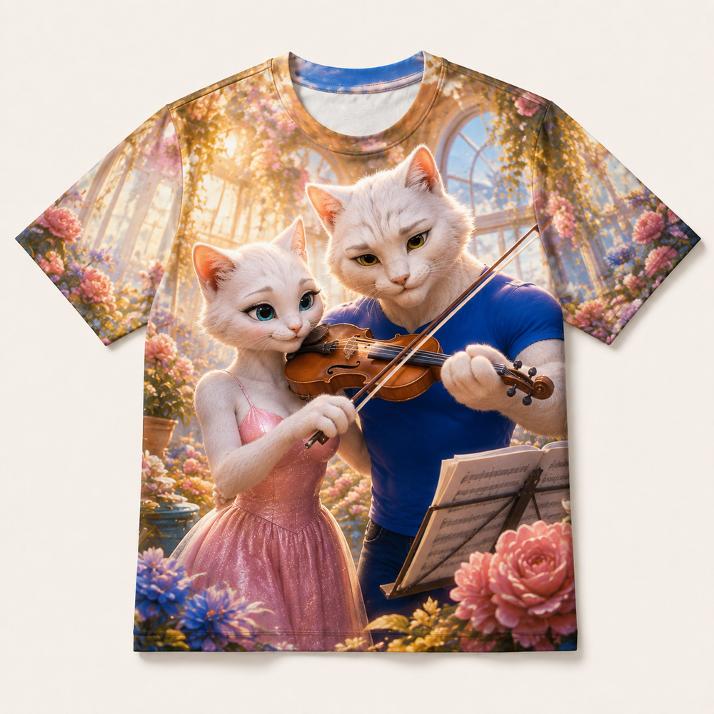 Violin Bow Lesson all-over print T-shirt front view with Dad Cat and Mom Cat — The Fluffy Fam