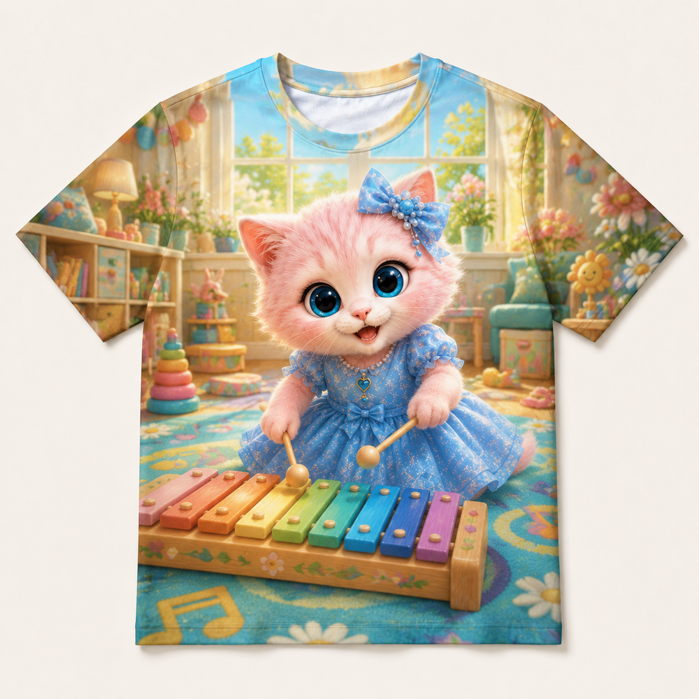 Rainbow Xylophone Song all-over print T-shirt front view with Pink Kitten — The Fluffy Fam