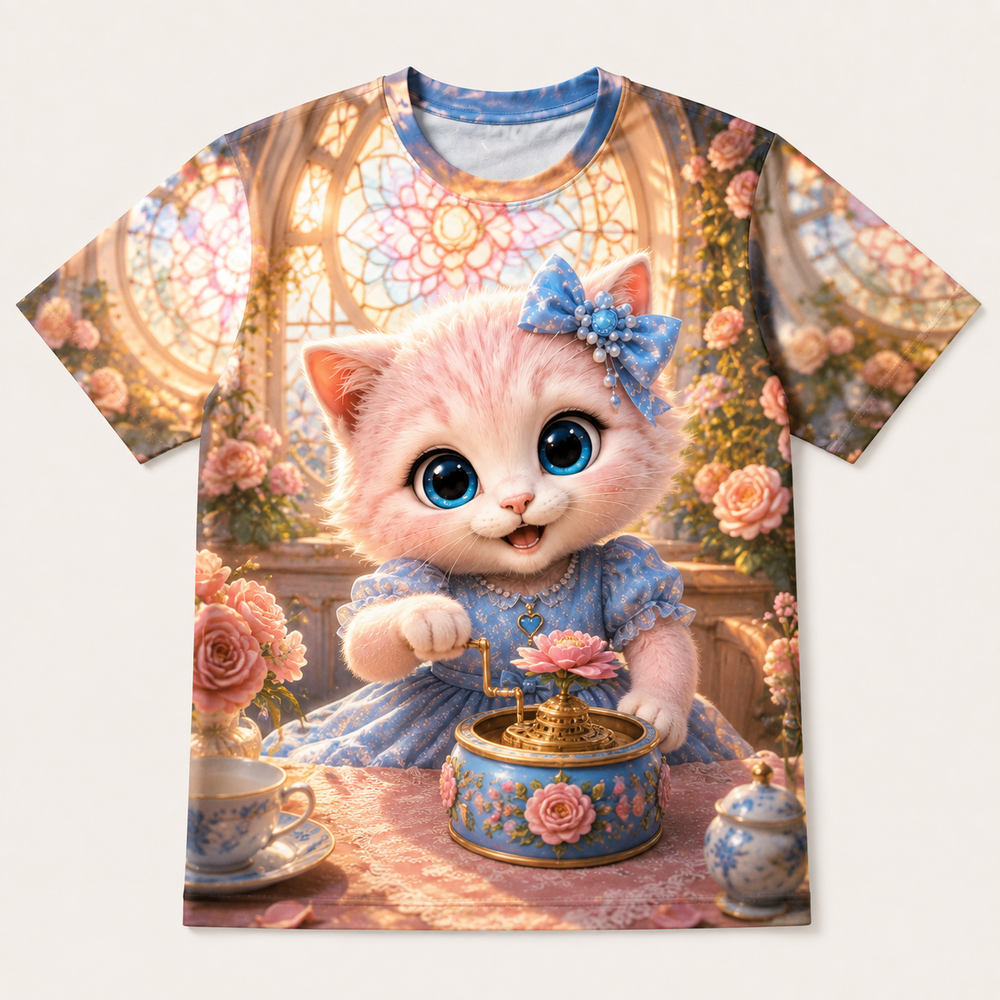 Music Box Morning all-over print T-shirt front view with Pink Kitten — The Fluffy Fam
