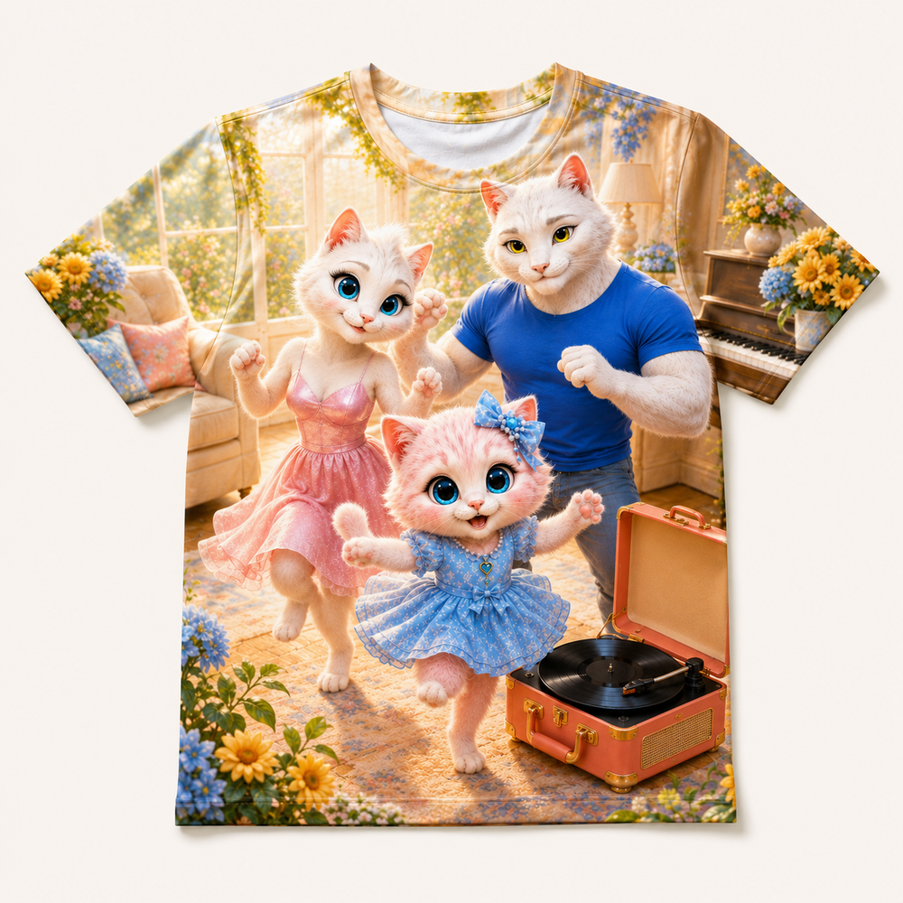 Record Player Dance all-over print T-shirt front view with the whole cat family — The Fluffy Fam