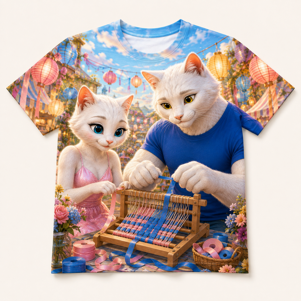 Ribbon Loom Weave all-over print T-shirt front view with Dad Cat and Mom Cat — The Fluffy Fam