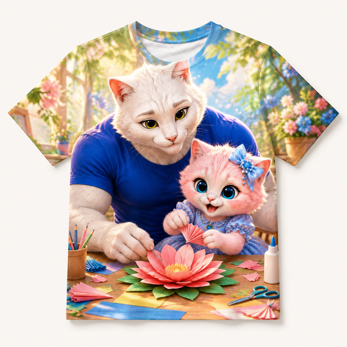 Paper Flower Bouquet all-over print T-shirt front view with Dad Cat and Pink Kitten — The Fluffy Fam