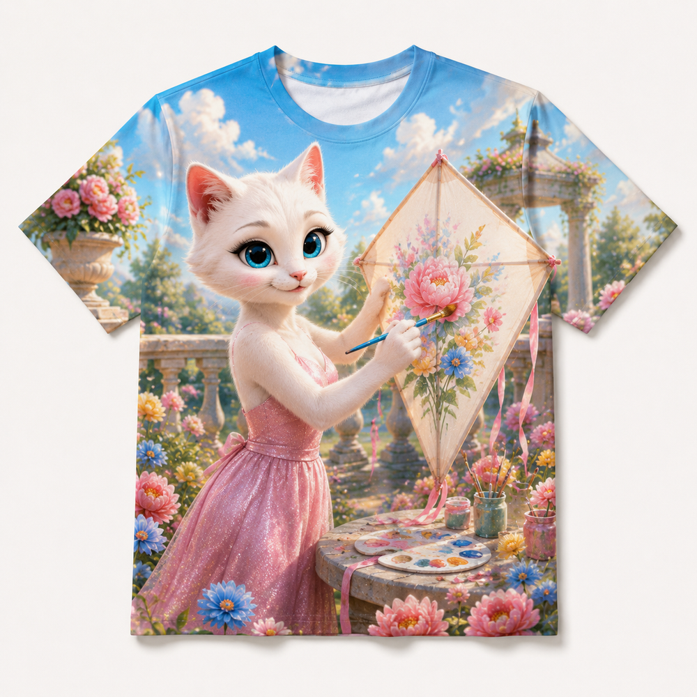 Painted Kite Studio all-over print T-shirt front view with Mom Cat — The Fluffy Fam