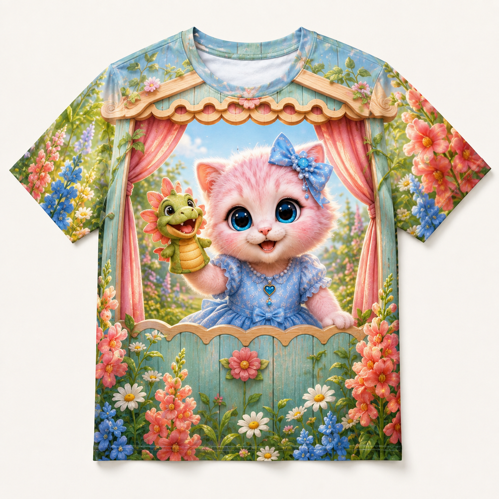 Puppet Curtain Show all-over print T-shirt front view with Pink Kitten — The Fluffy Fam
