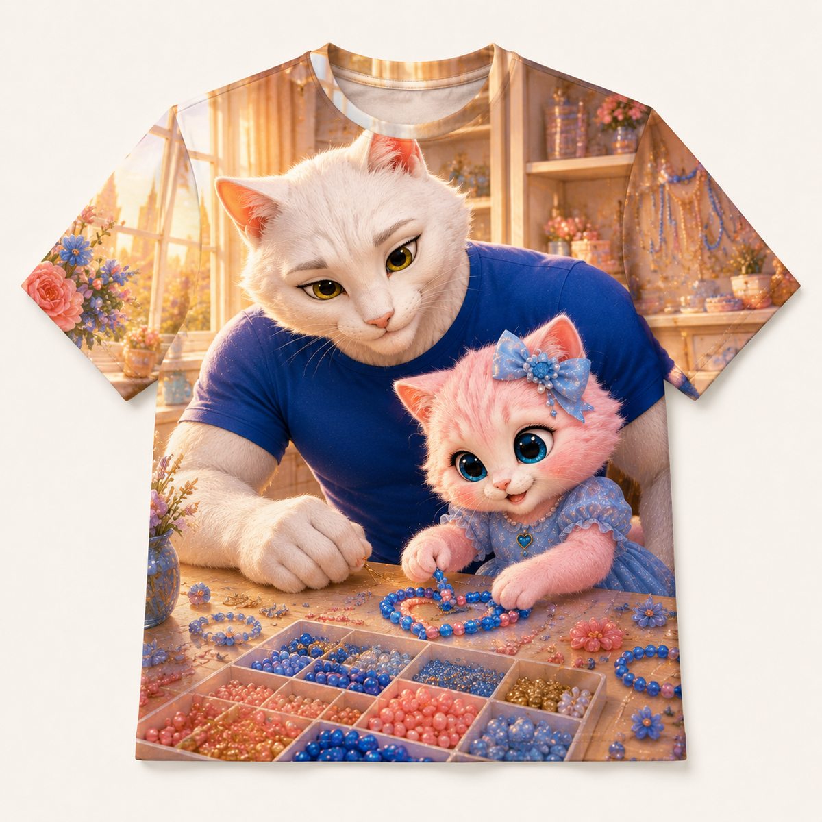 Bead Necklace Pattern all-over print T-shirt front view with Dad Cat and Pink Kitten — The Fluffy Fam