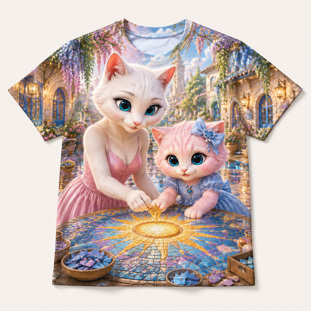 Mosaic Table Sun all-over print T-shirt front view with Mom Cat and Pink Kitten — The Fluffy Fam
