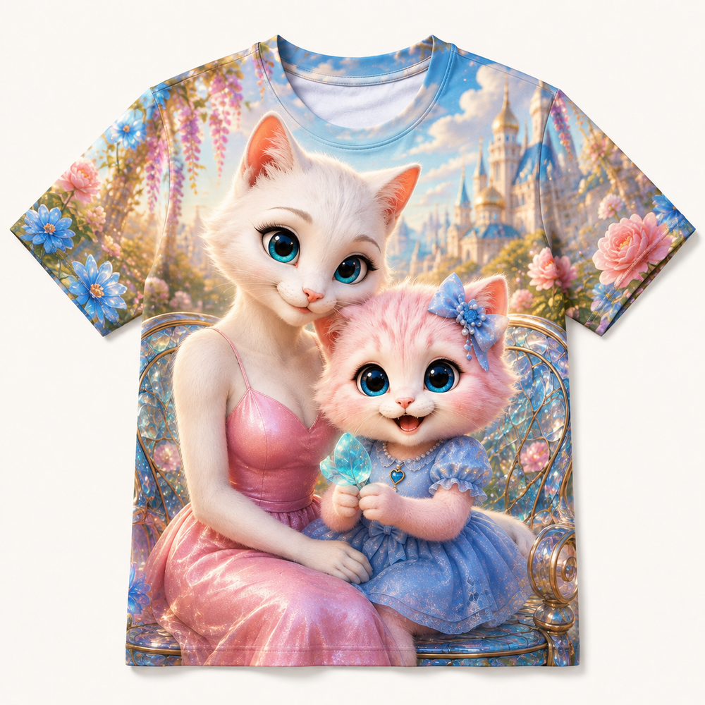 Stained-Glass Petals all-over print T-shirt front view with Mom Cat and Pink Kitten — The Fluffy Fam