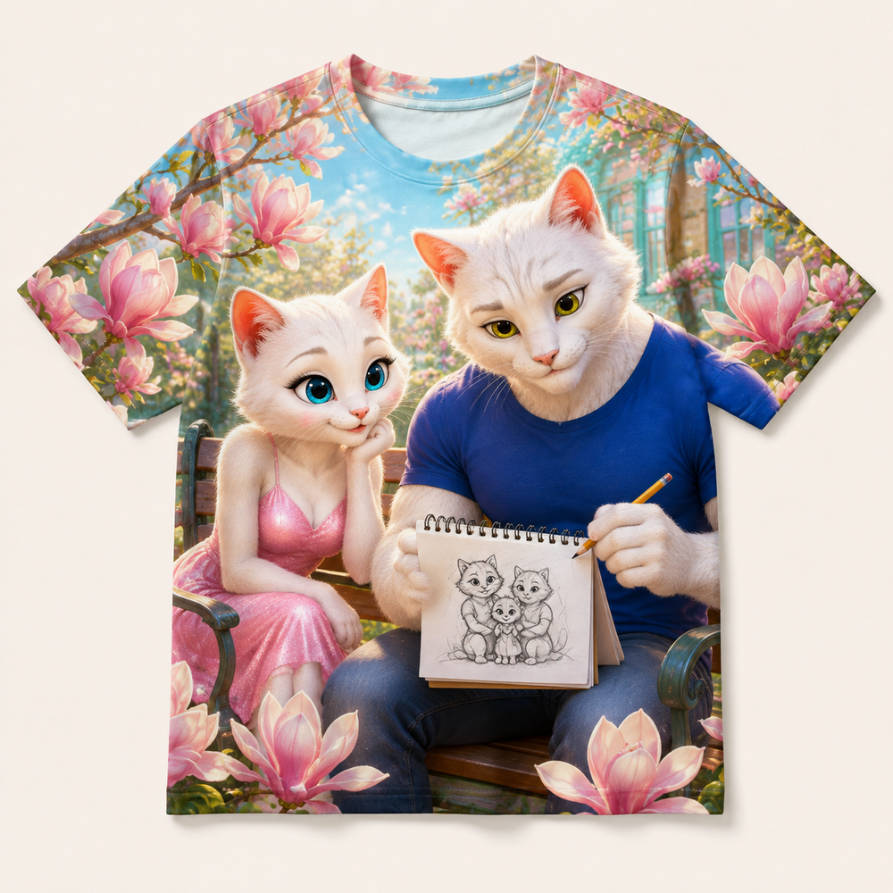 Sketchbook Family Portrait all-over print T-shirt front view with Dad Cat and Mom Cat — The Fluffy Fam
