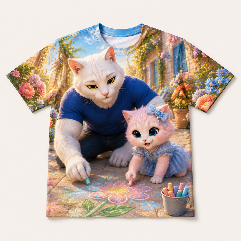 Sidewalk Chalk Garden all-over print T-shirt front view with Dad Cat and Pink Kitten — The Fluffy Fam