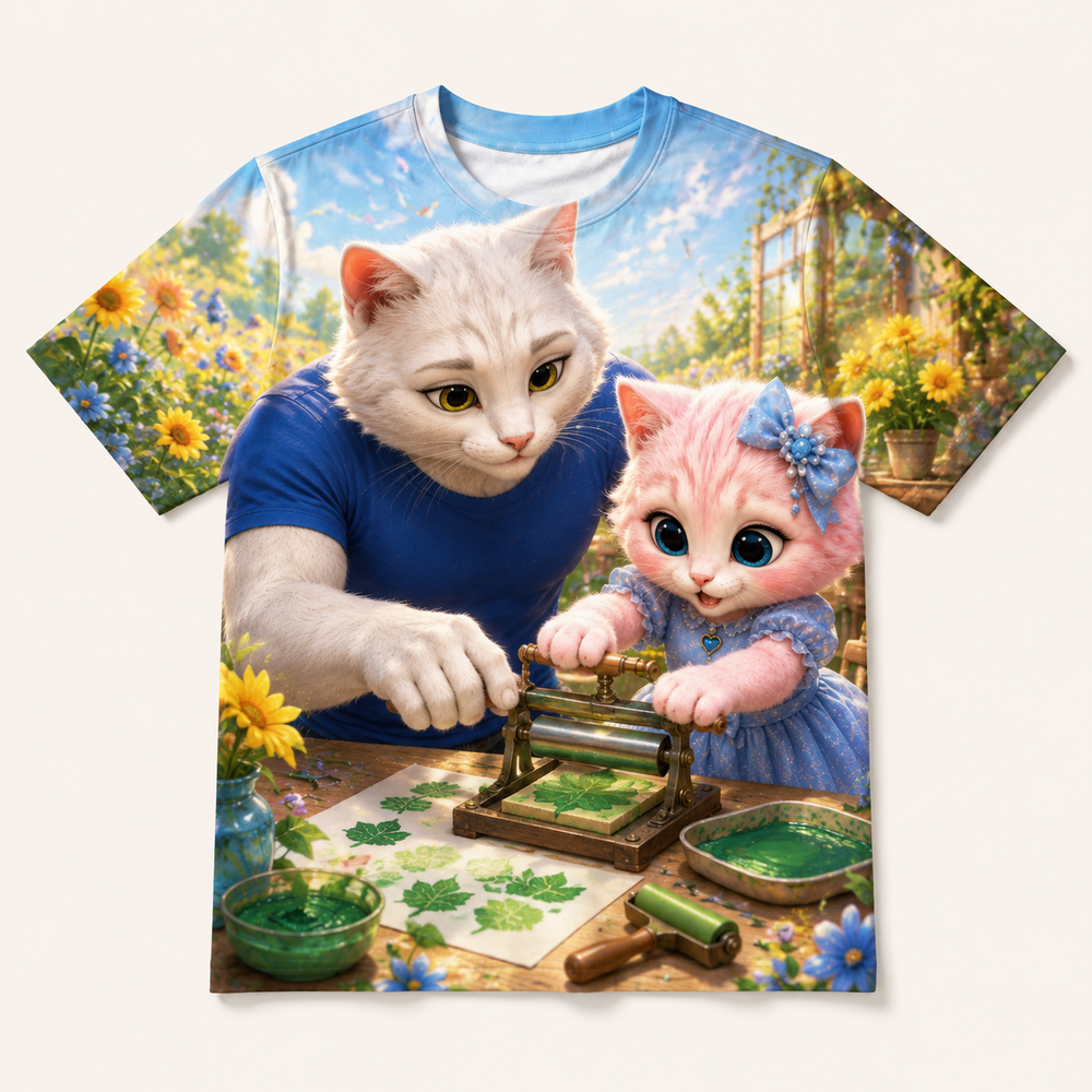 Leaf Print Press all-over print T-shirt front view with Dad Cat and Pink Kitten — The Fluffy Fam
