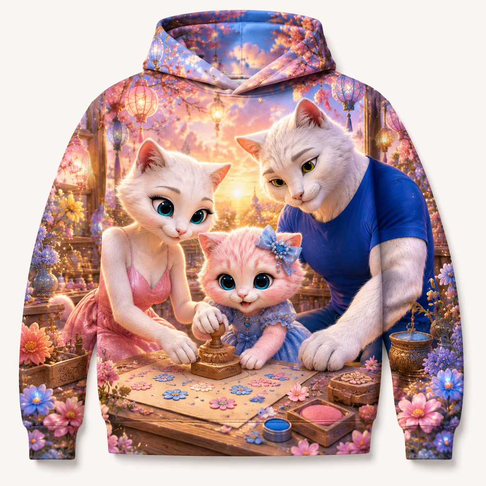 Shape Stamp Workshop all-over print hoodie front view with the whole cat family — The Fluffy Fam