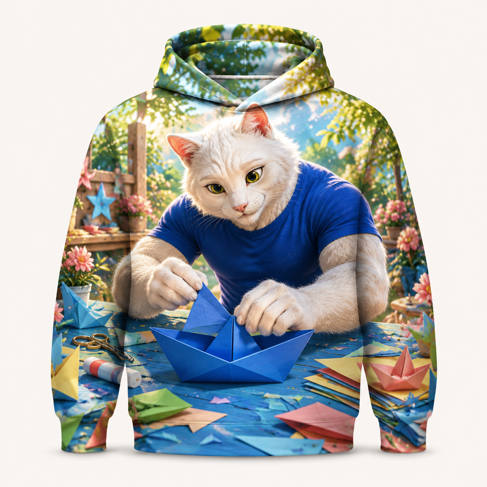 Origami Boat Fold all-over print hoodie front view with Dad Cat — The Fluffy Fam