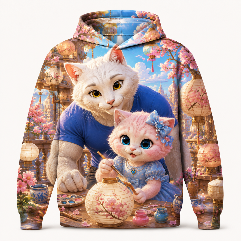 Paper Lantern Painting all-over print hoodie front view with Dad Cat and Pink Kitten — The Fluffy Fam