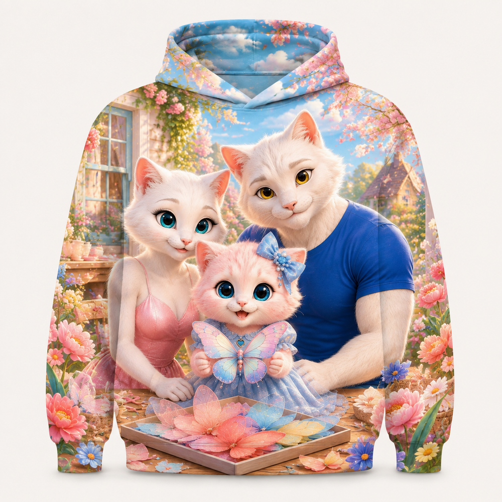 Butterfly Collage all-over print hoodie front view with the whole cat family — The Fluffy Fam