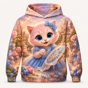 Floral Hoop Stitch all-over print hoodie front view with Pink Kitten — The Fluffy Fam