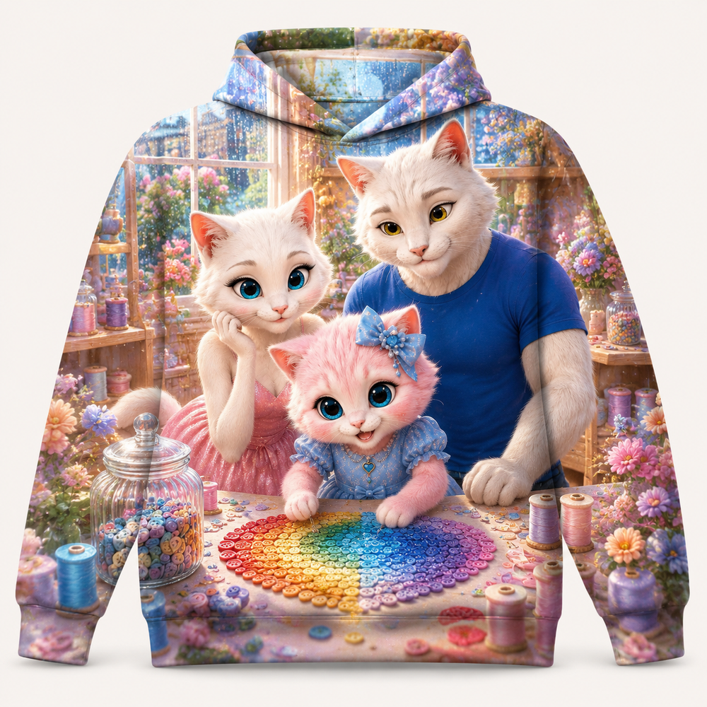 Button Jar Rainbow all-over print hoodie front view with the whole cat family — The Fluffy Fam