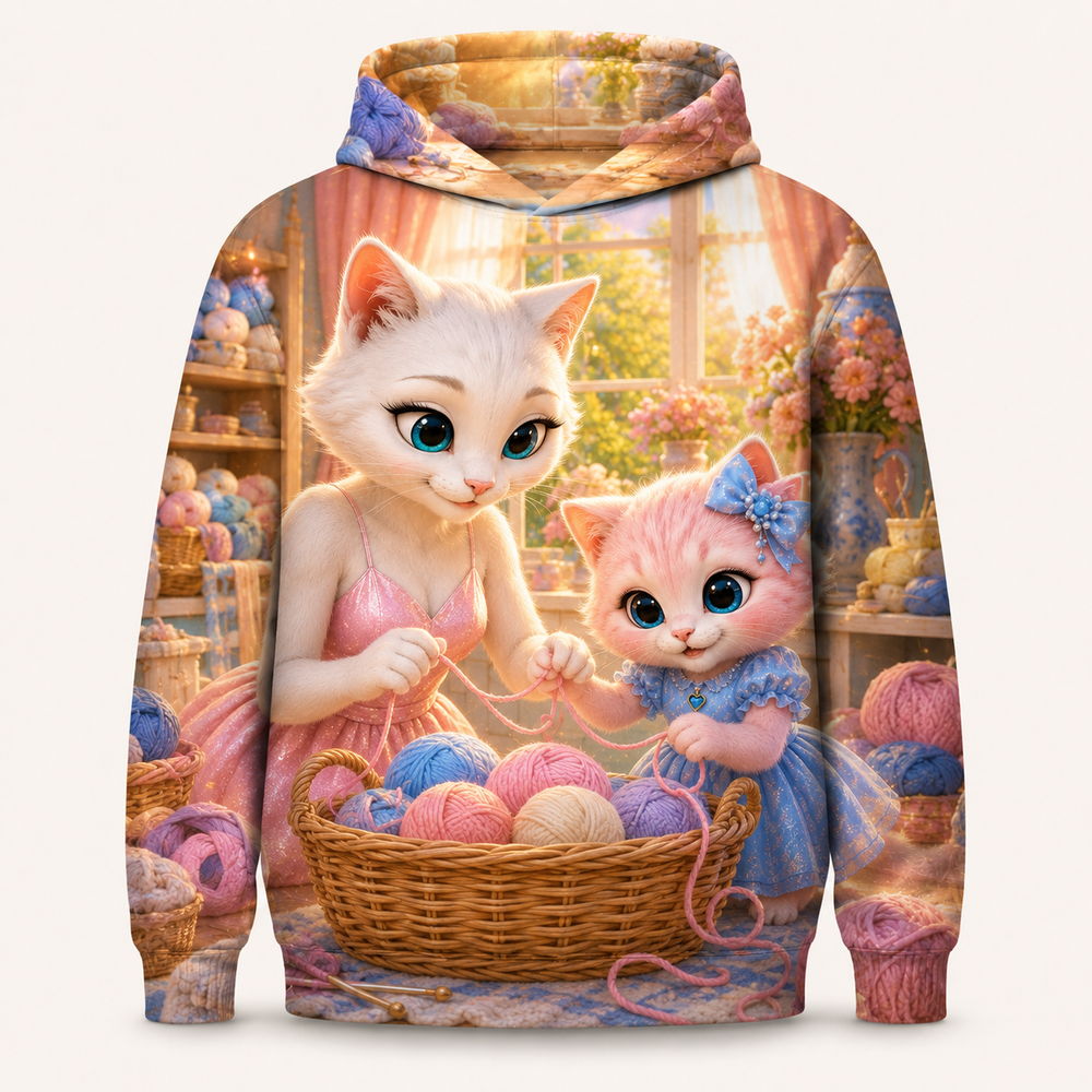 Yarn Basket Rescue all-over print hoodie front view with Mom Cat and Pink Kitten — The Fluffy Fam