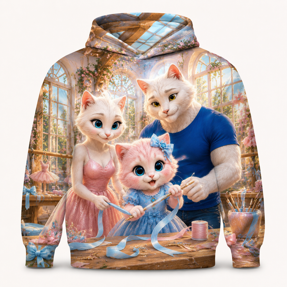 Ribbon Wand Workshop all-over print hoodie front view with the whole cat family — The Fluffy Fam