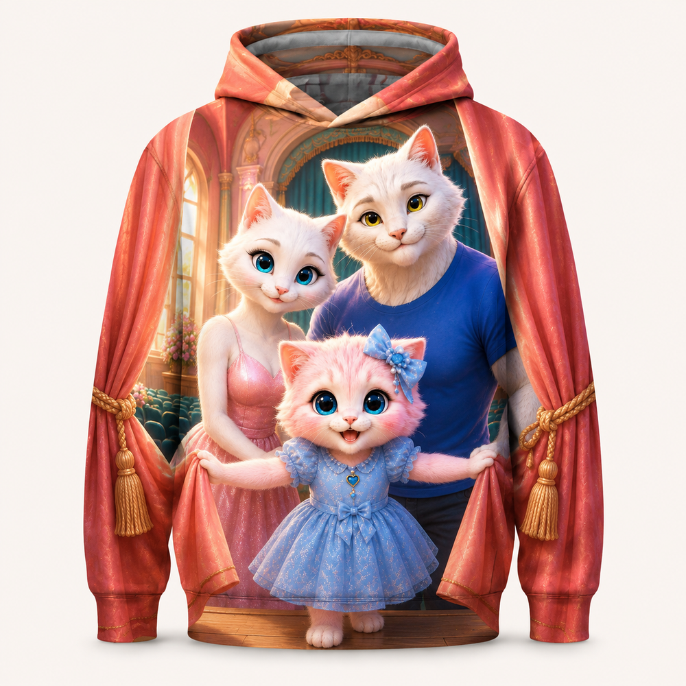 Velvet Curtain Call all-over print hoodie front view with the whole cat family — The Fluffy Fam