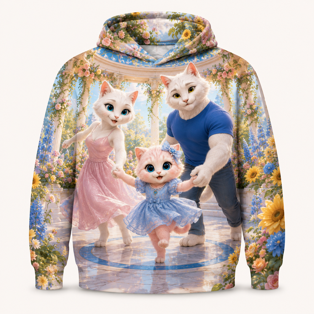 Garden Dance Rehearsal all-over print hoodie front view with the whole cat family — The Fluffy Fam