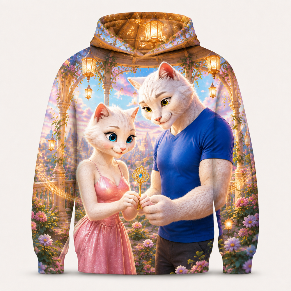 Family Harmony Trio all-over print hoodie front view with Dad Cat and Mom Cat — The Fluffy Fam