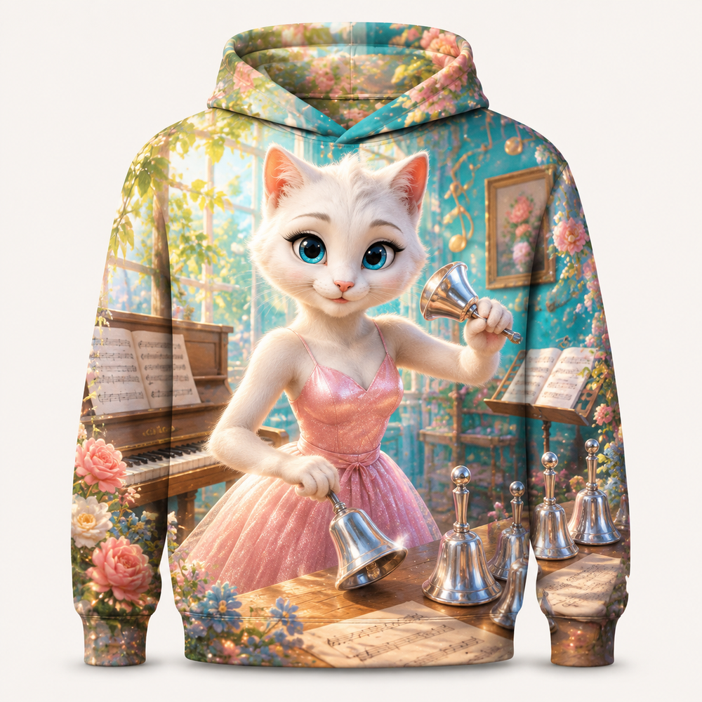 Silver Bell Rhythm all-over print hoodie front view with Mom Cat — The Fluffy Fam