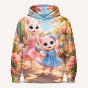 Maraca Morning all-over print hoodie front view with Mom Cat and Pink Kitten — The Fluffy Fam