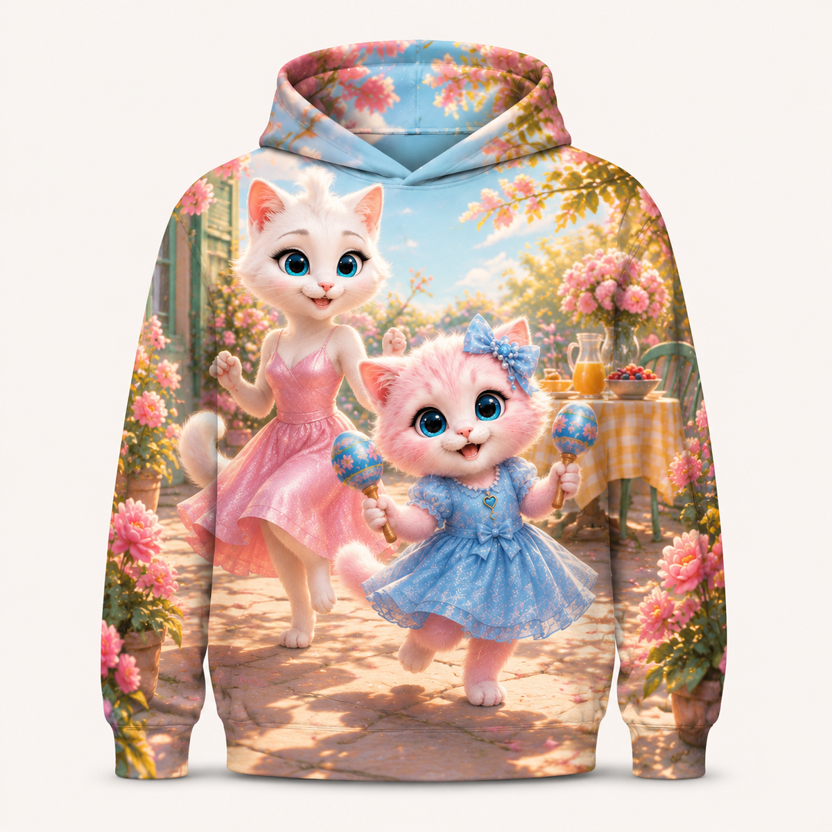 Maraca Morning all-over print hoodie front view with Mom Cat and Pink Kitten — The Fluffy Fam