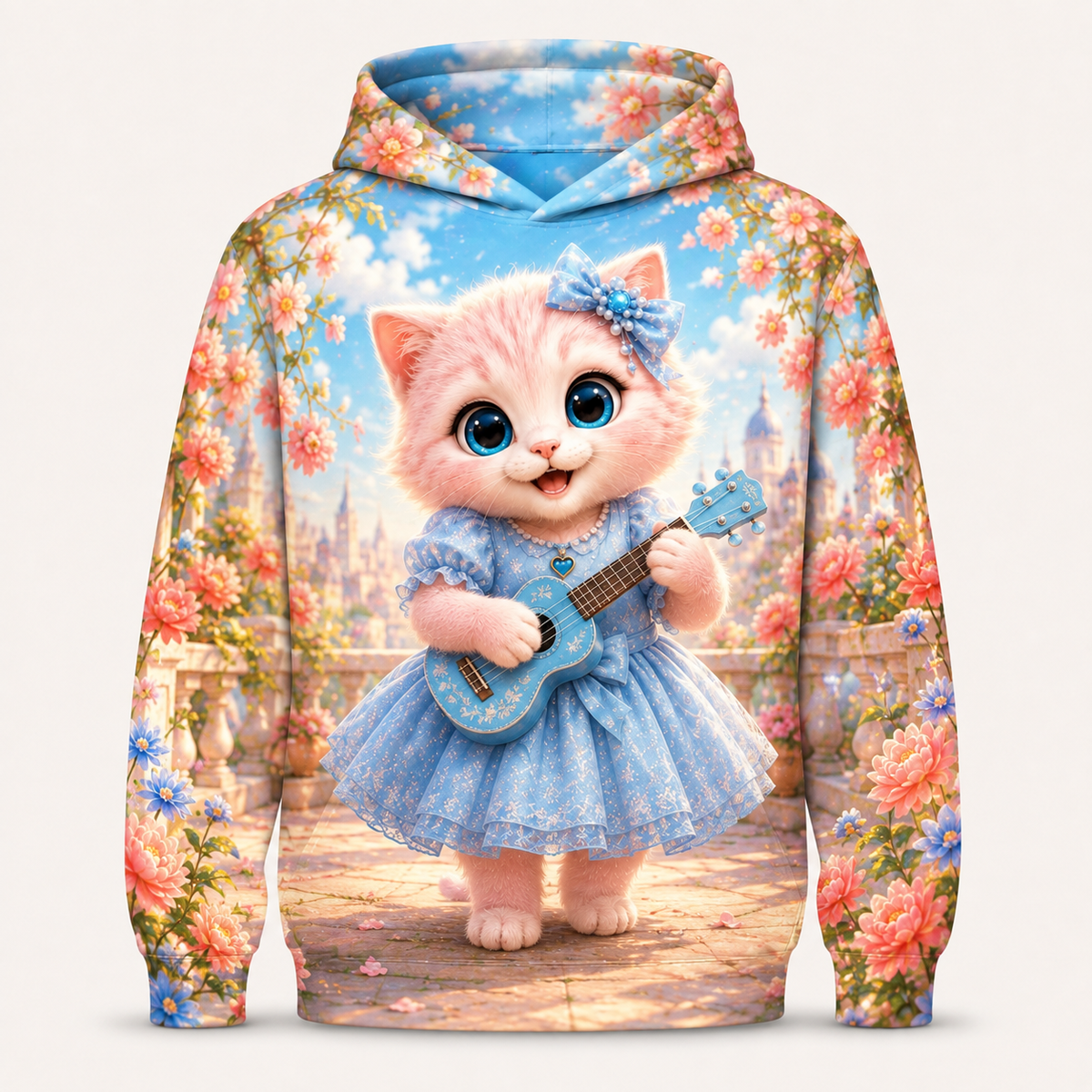 Blue Ukulele Song all-over print hoodie front view with Pink Kitten — The Fluffy Fam
