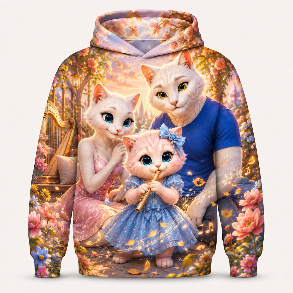 Wooden Flute Breeze all-over print hoodie front view with the whole cat family — The Fluffy Fam
