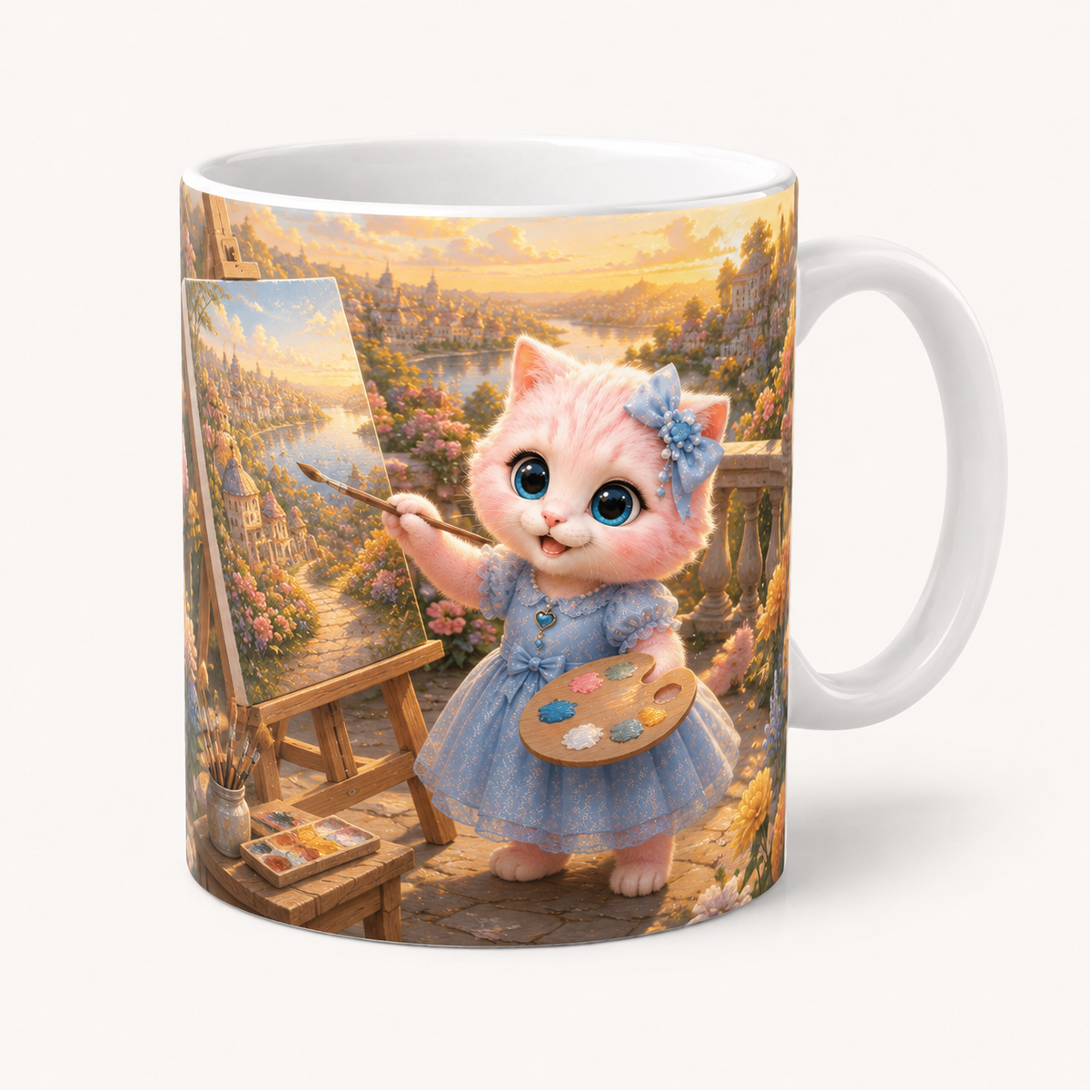 Landscape Easel Glow ceramic mug front view with Pink Kitten — The Fluffy Fam