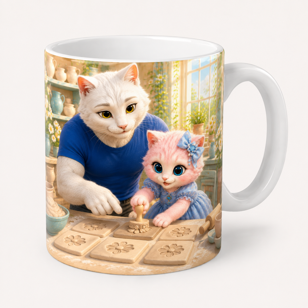 Pressed-Clay Flower Tiles ceramic mug front view with Dad Cat and Pink Kitten — The Fluffy Fam