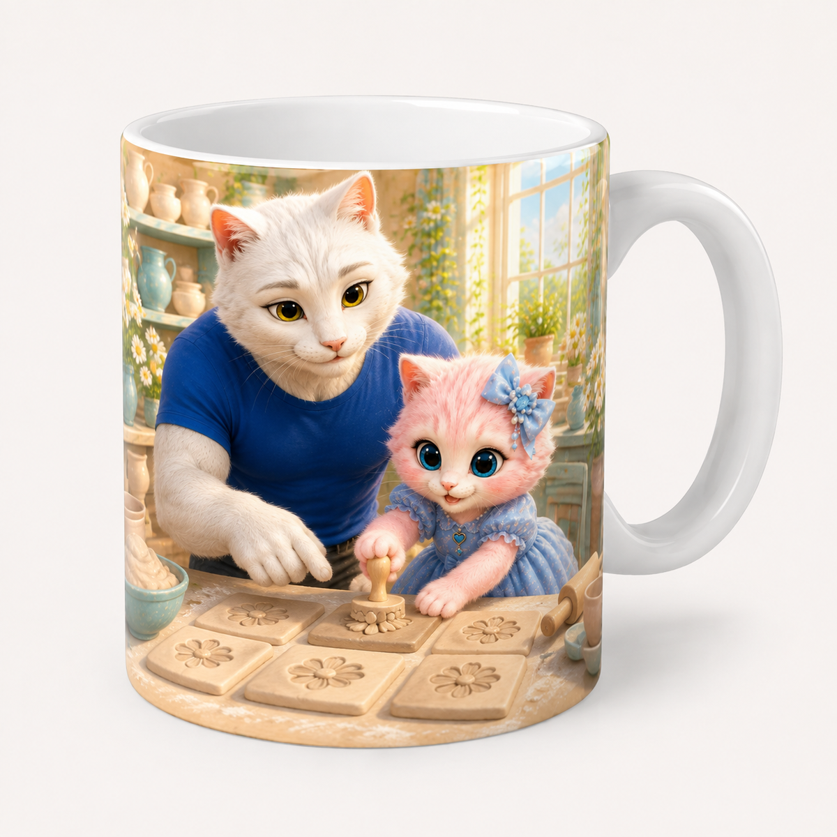 Pressed-Clay Flower Tiles ceramic mug front view with Dad Cat and Pink Kitten — The Fluffy Fam