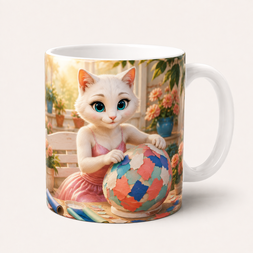 Papier-Mâché Garden Bowl ceramic mug front view with Mom Cat — The Fluffy Fam