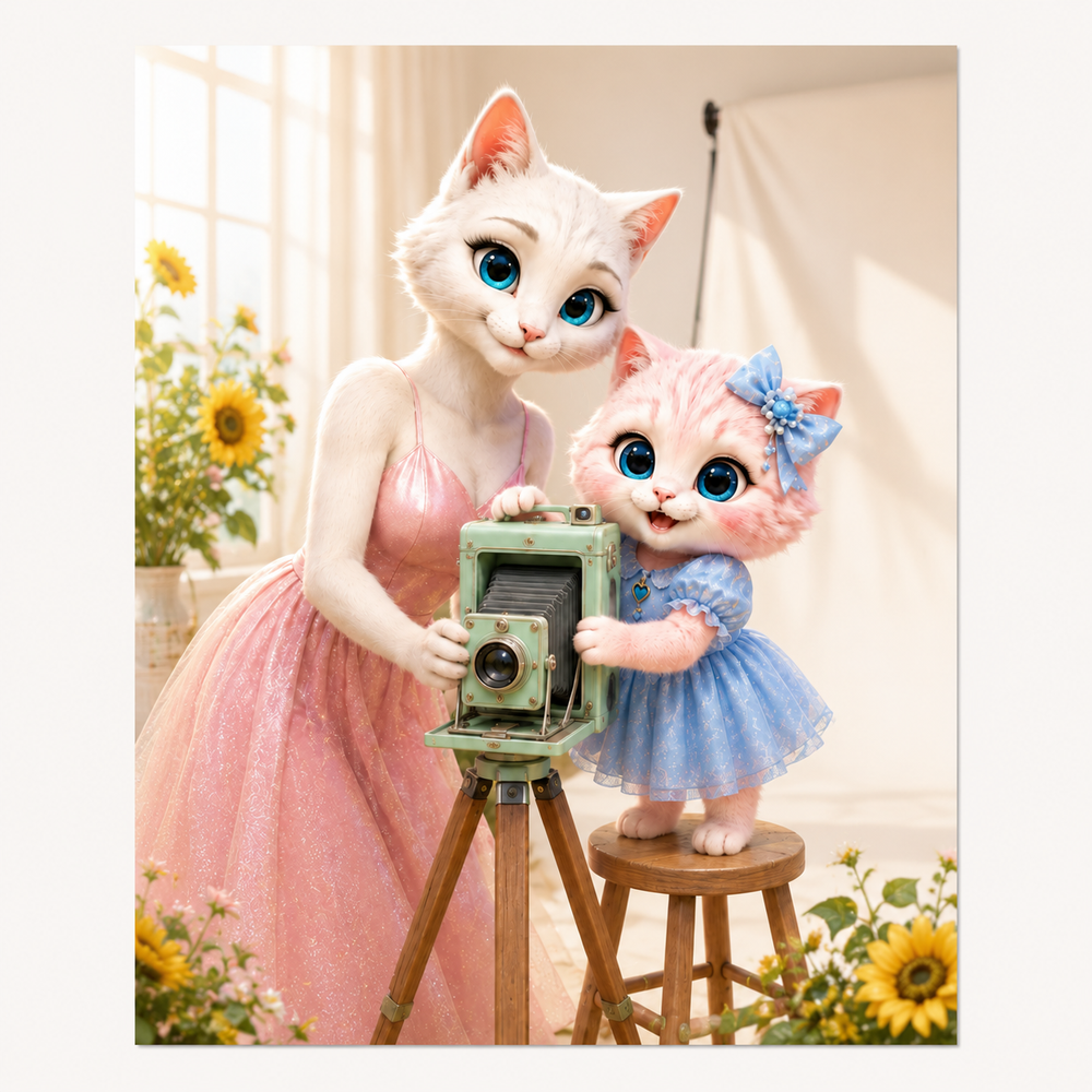 Bright Photo Studio art print front view with Mom Cat and Pink Kitten — The Fluffy Fam