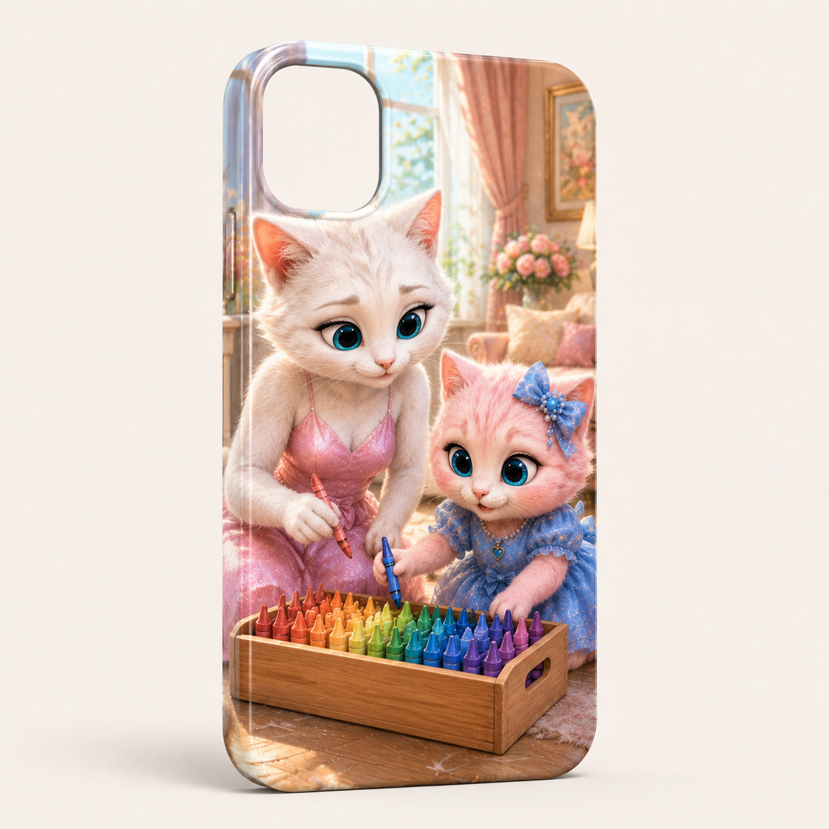 Crayon Box Sort phone case front view with Mom Cat and Pink Kitten — The Fluffy Fam