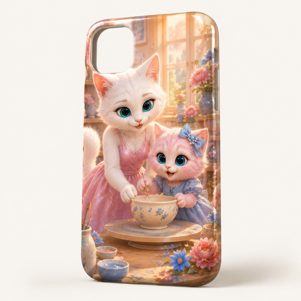 Ceramic Bowl Painting phone case front view with Mom Cat and Pink Kitten — The Fluffy Fam