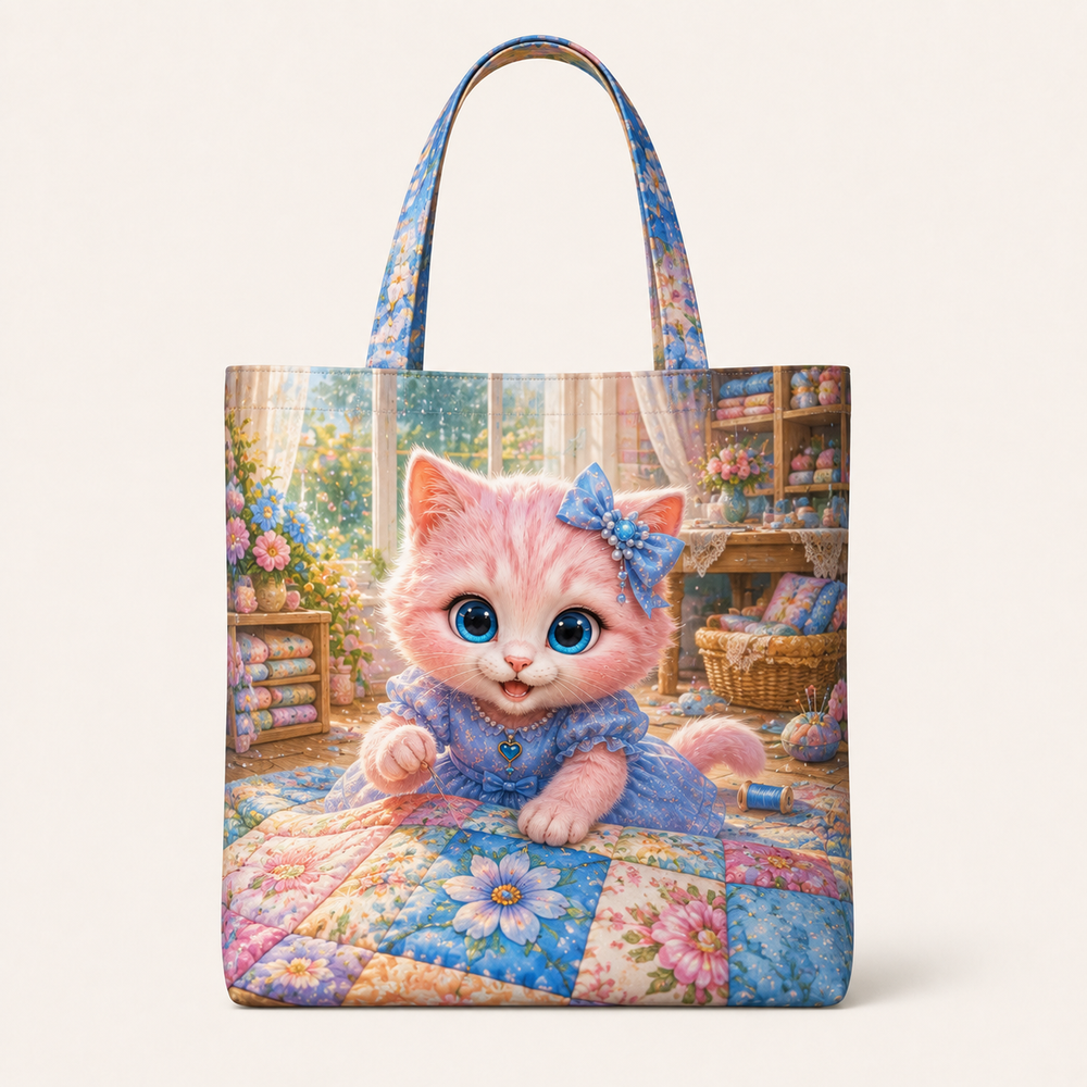 Patchwork Quilt Square canvas tote bag front view with Pink Kitten — The Fluffy Fam