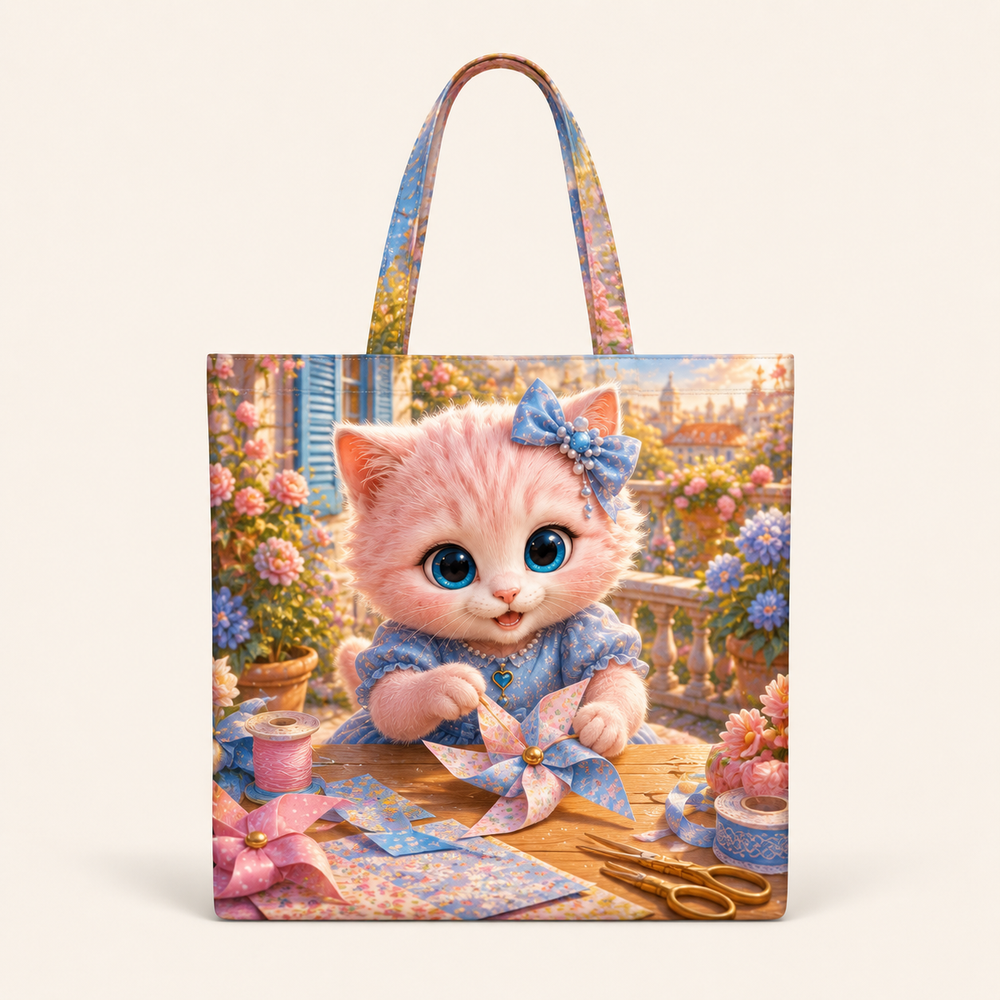 Paper Pinwheel Workshop canvas tote bag front view with Pink Kitten — The Fluffy Fam