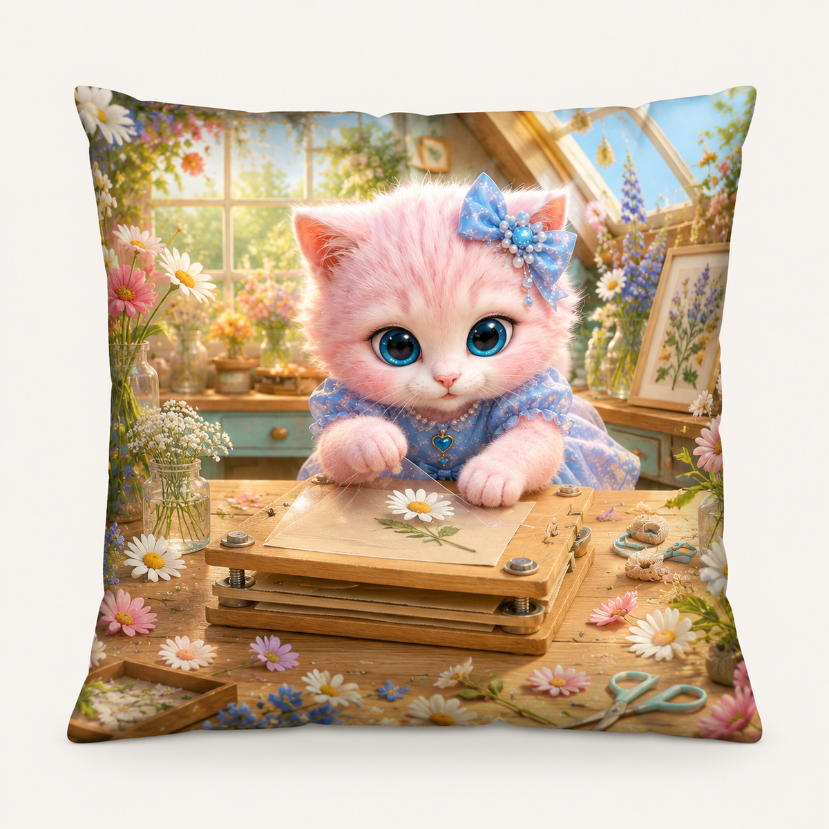 Pressed Flower Page throw pillow front view with Pink Kitten — The Fluffy Fam