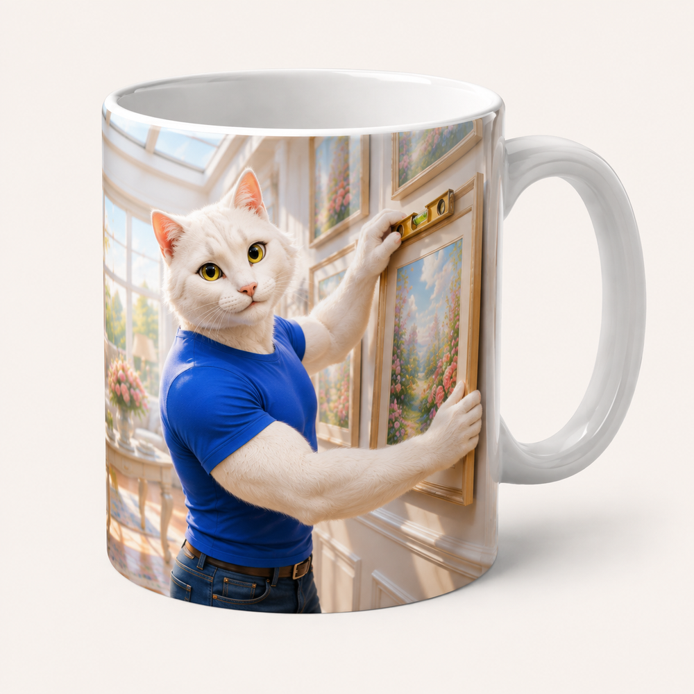 Gallery Hanging Day ceramic mug front view with Dad Cat — The Fluffy Fam