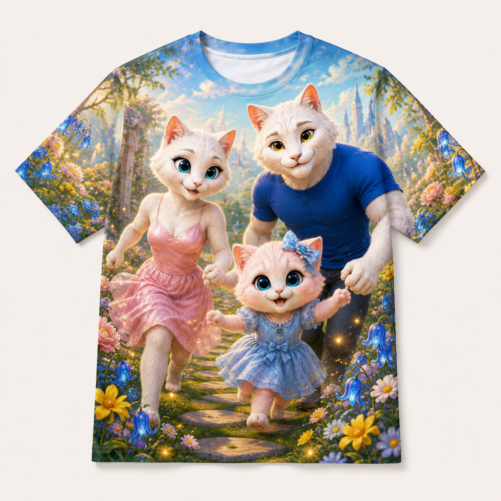 Firefly Garden Path all-over print T-shirt front view with the whole cat family — The Fluffy Fam