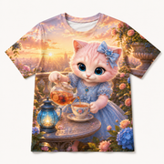 Lantern Balcony Tea all-over print T-shirt front view with Pink Kitten — The Fluffy Fam