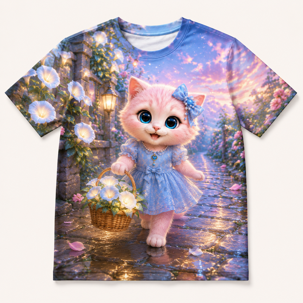 Moonflower Lane Stroll all-over print T-shirt front view with Pink Kitten — The Fluffy Fam